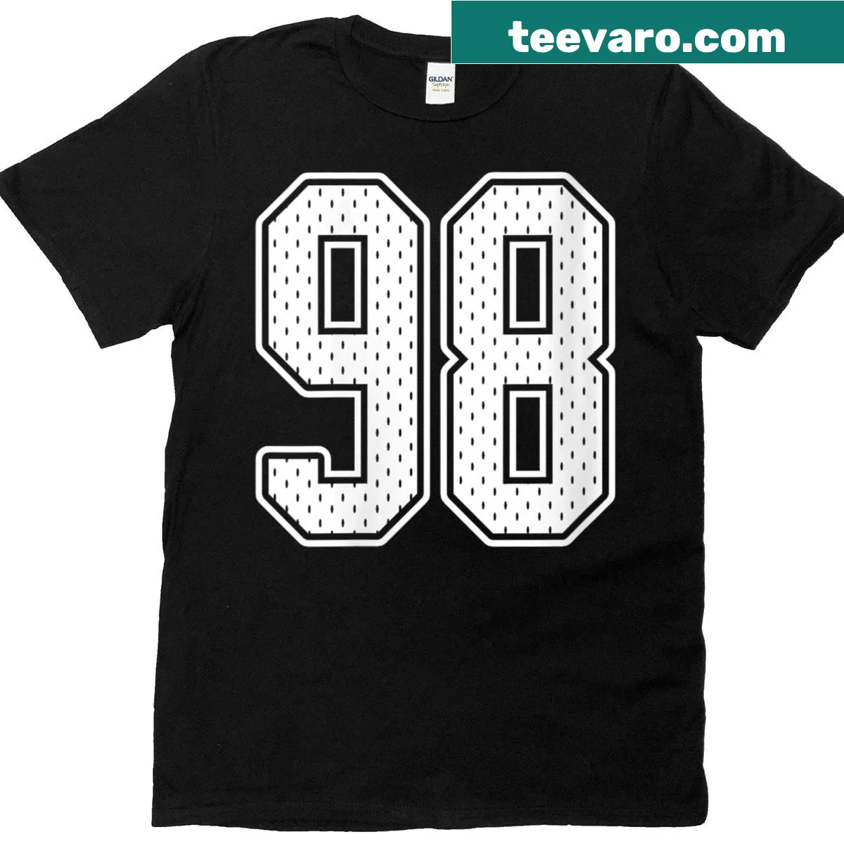 Vintage-style jersey T-shirt with number 98 for women — on a men's t-shirt