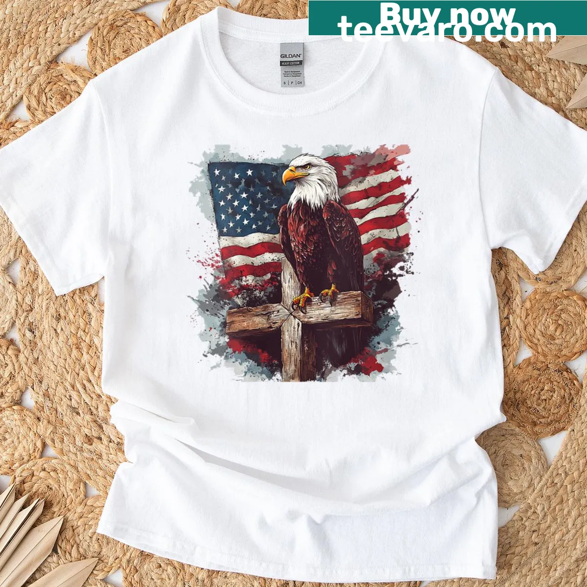 Bald eagle on a cross with the American flag design — on a men's t-shirt