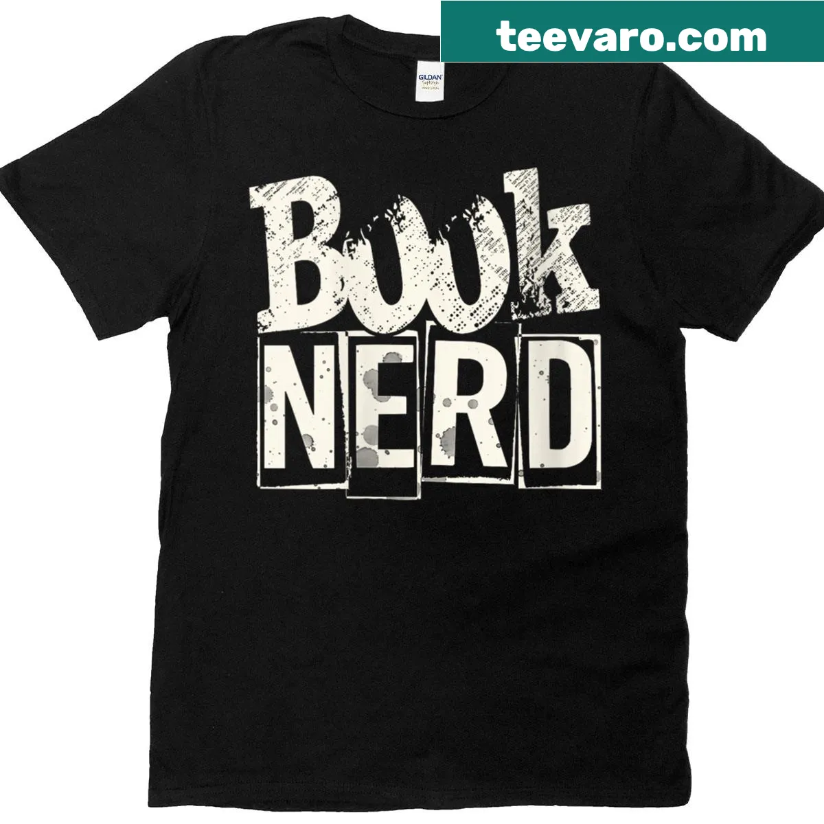 Book-themed t-shirt with the phrase 'Book Nerd' in charming typography. — on a men's t-shirt
