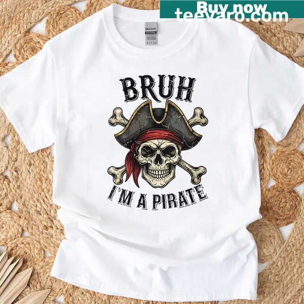 Cartoon pirate skull design with bandana and humorous text