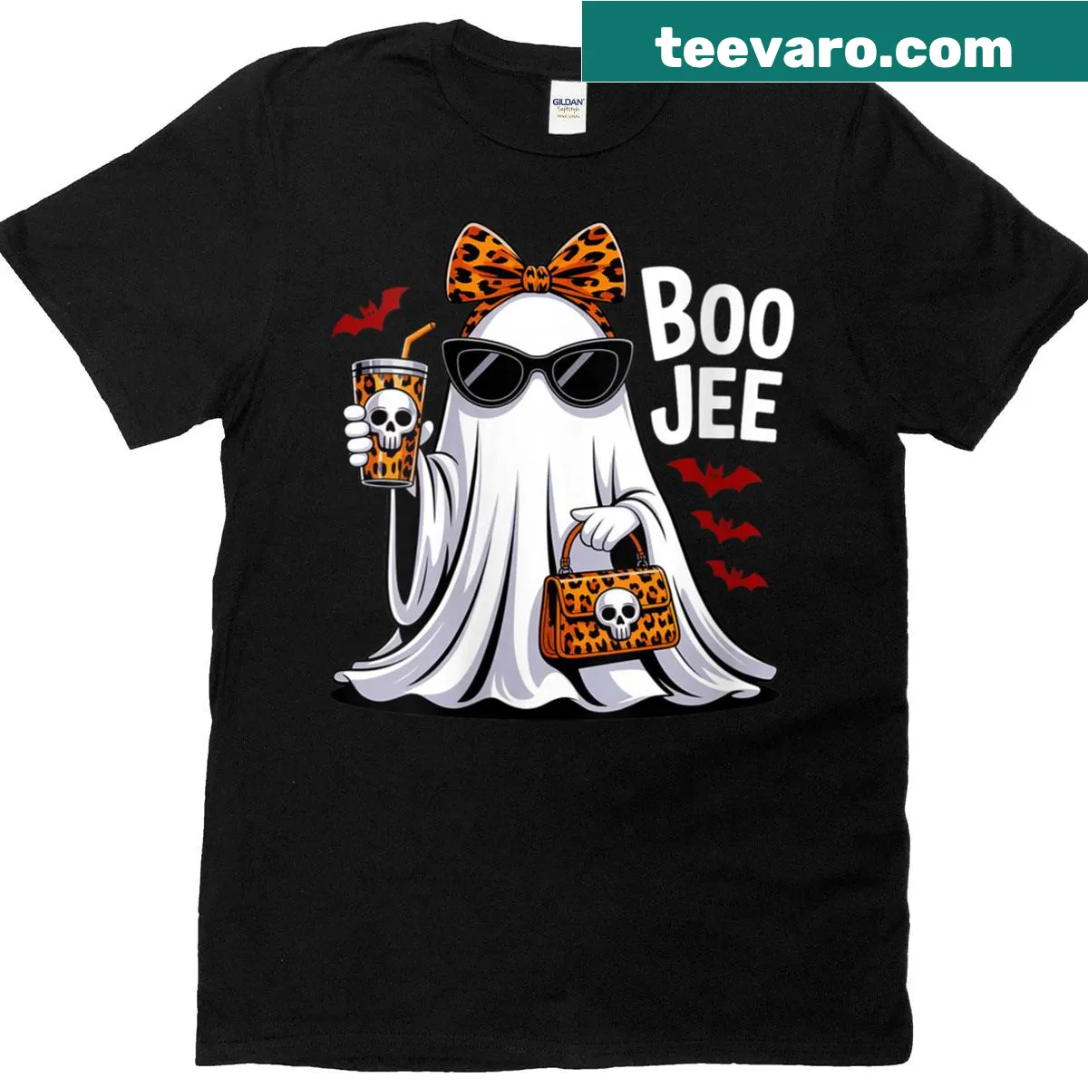 Cute ghost design with leopard motifs for Halloween. — on a men's t-shirt
