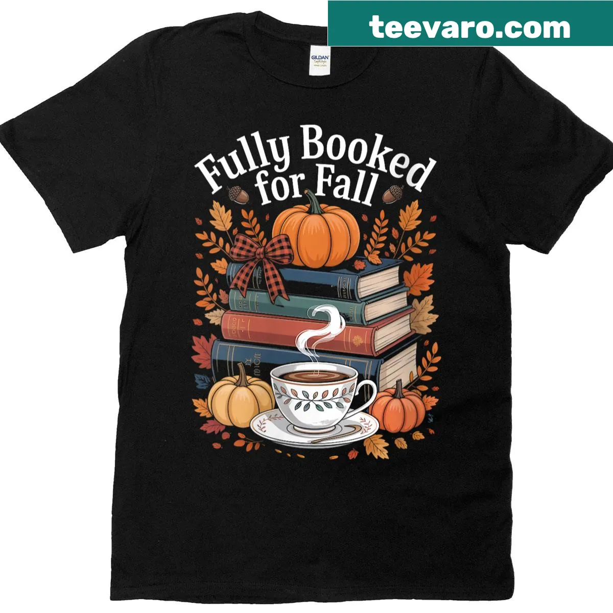Funny T-shirt with text: Fully Booked For Fall, featuring autumn-themed graphics. — on a men's t-shirt