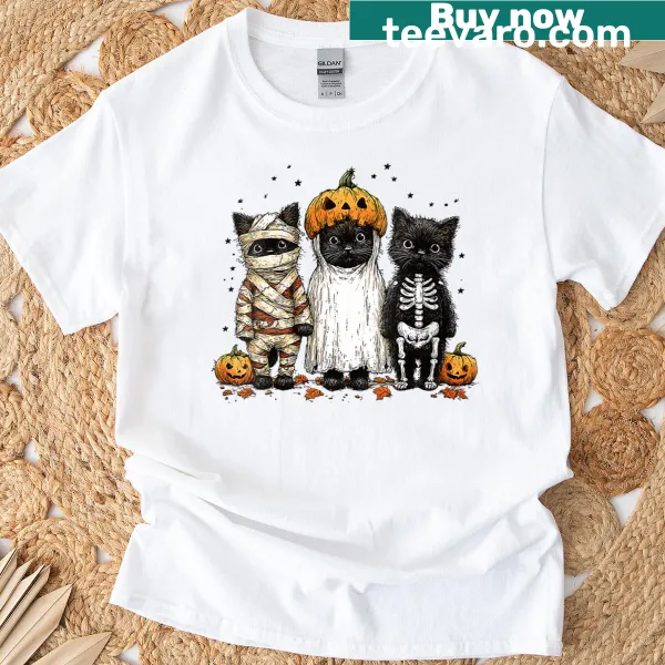 Cute Halloween design featuring a black cat, mummy, pumpkin, and ghost
