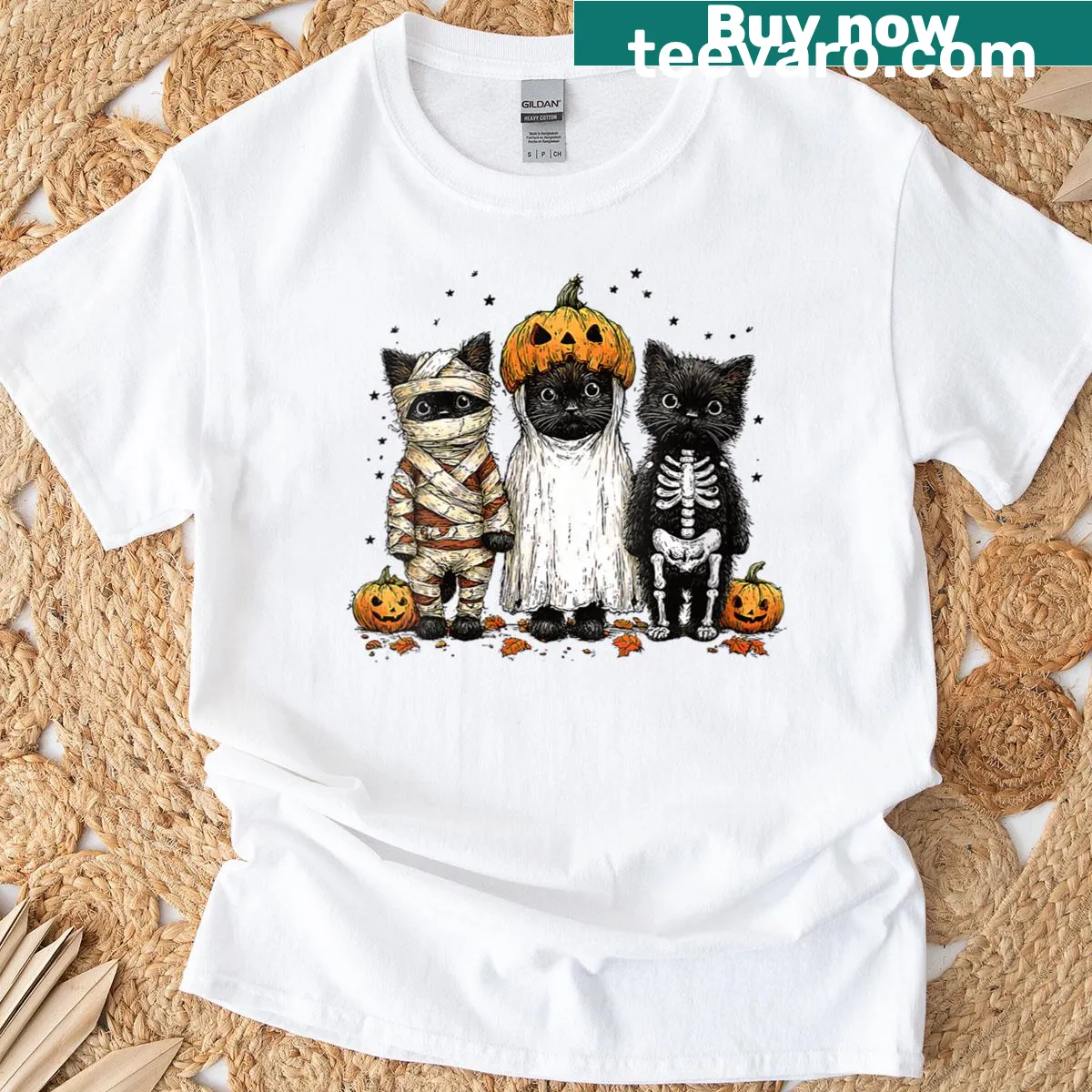 Cute Halloween design featuring a black cat, mummy, pumpkin, and ghost — on a men's t-shirt