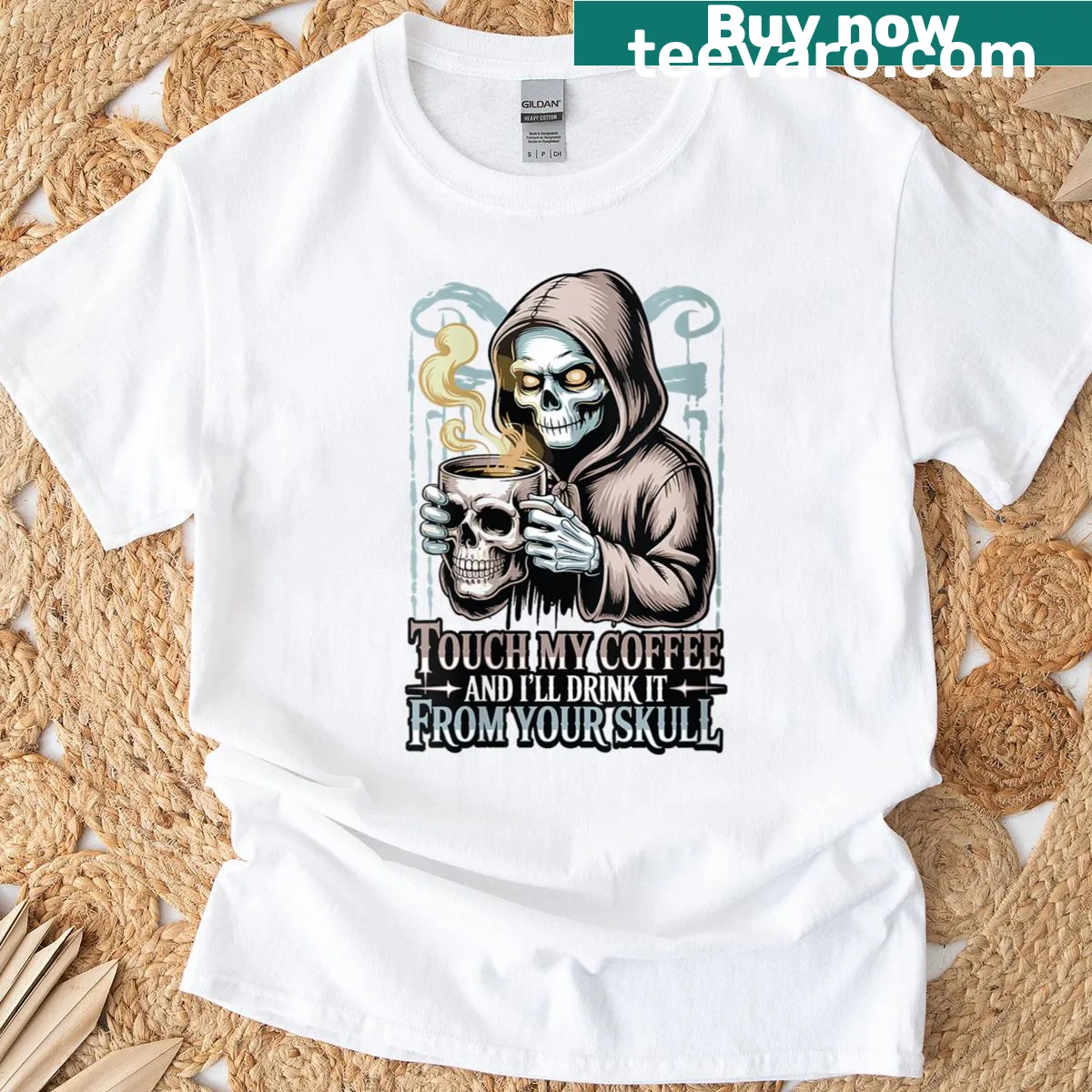 Grim Reaper graphic tee with 'Don't Touch My Coffee' text — on a men's t-shirt