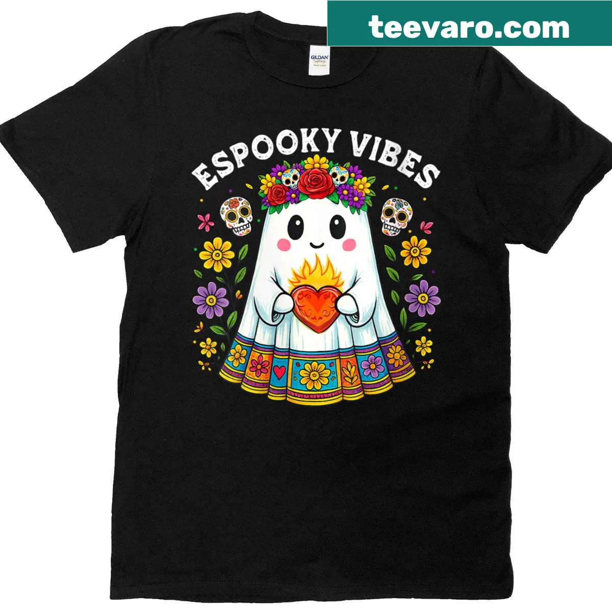 Cute Halloween tee with ghost and 'Spooky Mama' text — on a men's t-shirt