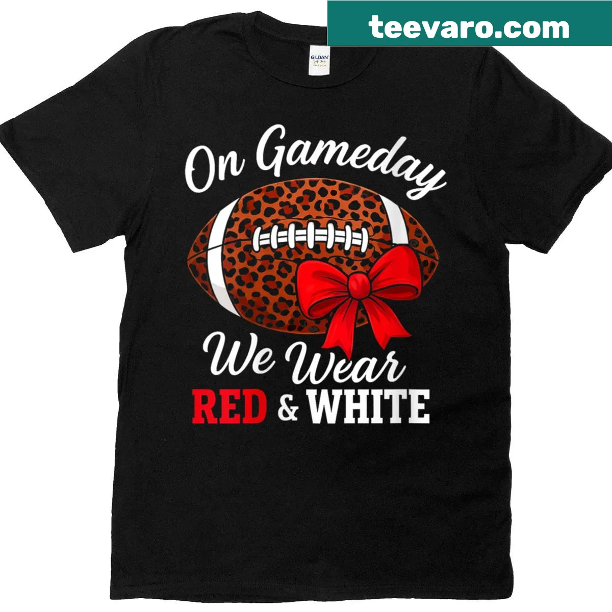 School spirit T-shirt with the text 'On Gameday We Wear Red And White' — on a men's t-shirt