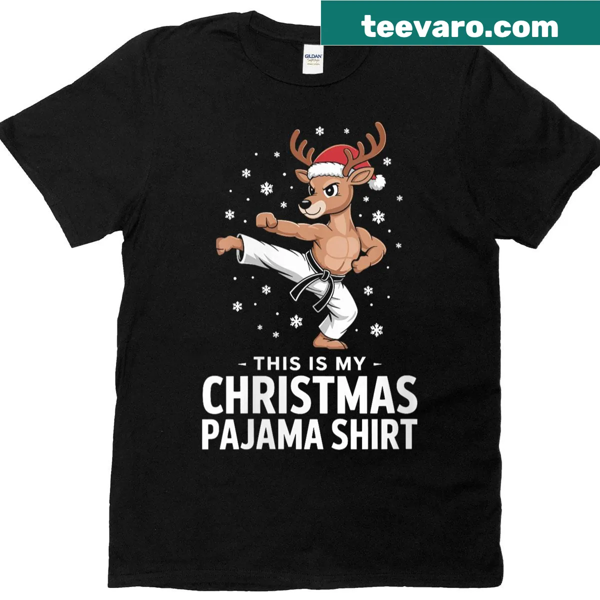 Christmas shirt featuring a karate-reindeer in a playful design — on a men's t-shirt