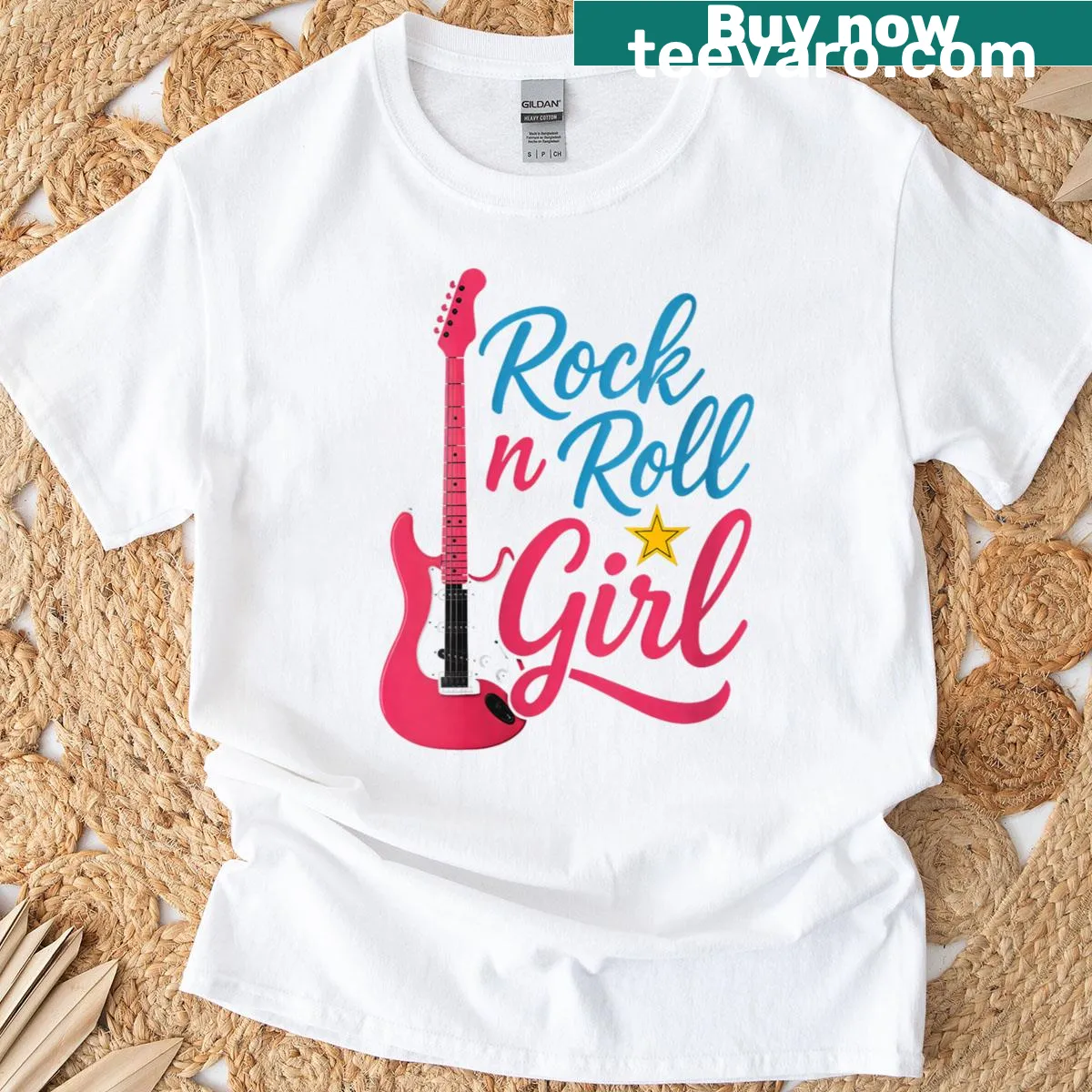 Illustration of a guitar with text Rockn Roll Girl on a T-shirt — on a men's t-shirt