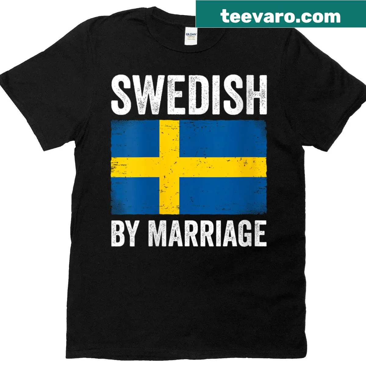 Women's t-shirt featuring 'Swedish By Marriage' with cultural illustrations — on a men's t-shirt