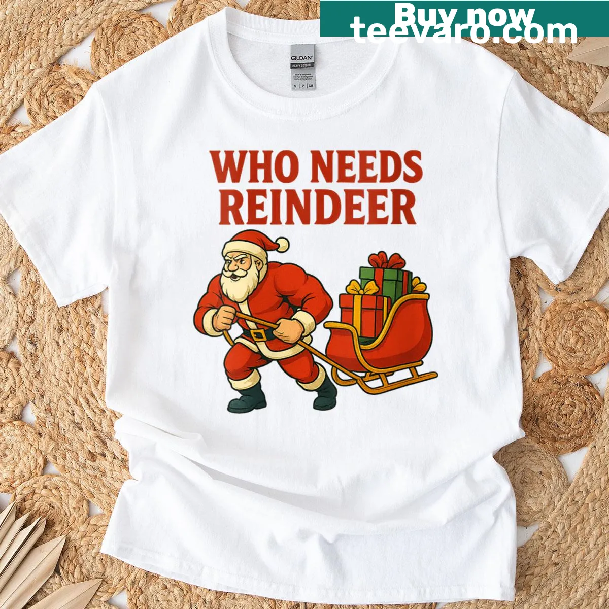 Funny gym Santa graphic tee with text 'Who Needs Reindeer?' — on a men's t-shirt