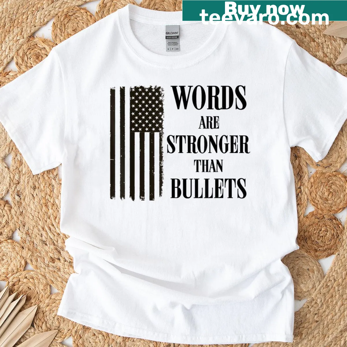 T-shirt featuring USA flag and strong message — on a men's t-shirt