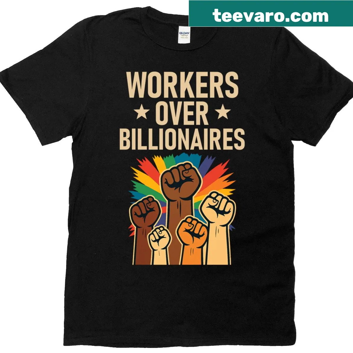 Shirt with bold text reading 'Workers Over Billionaires' in striking typography. — on a men's t-shirt
