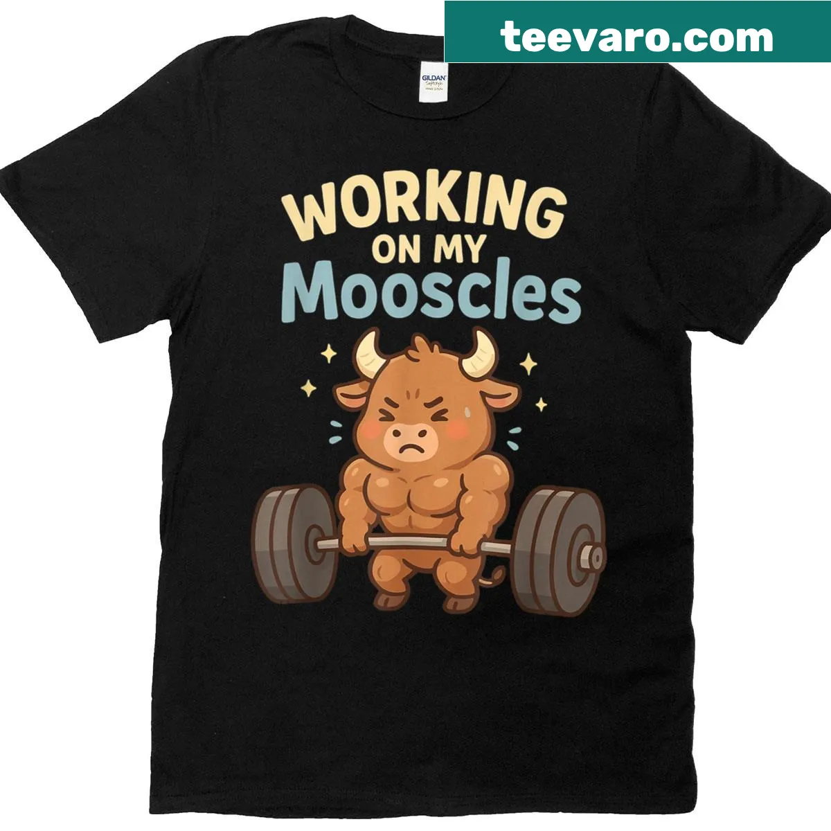 T-shirt with the humorous phrase 'Working On My Mooscles' for workouts — on a men's t-shirt