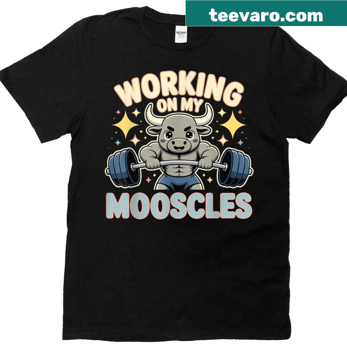 Graphic of 'Moo Muscles' on a playful workout T-shirt — on a men's t-shirt