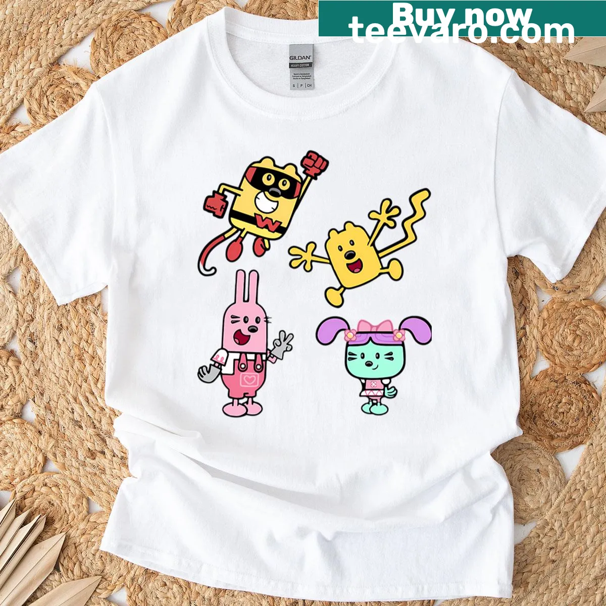 Illustrated Wubbzy T-shirt with Daizy and Widget Pack characters — on a men's t-shirt