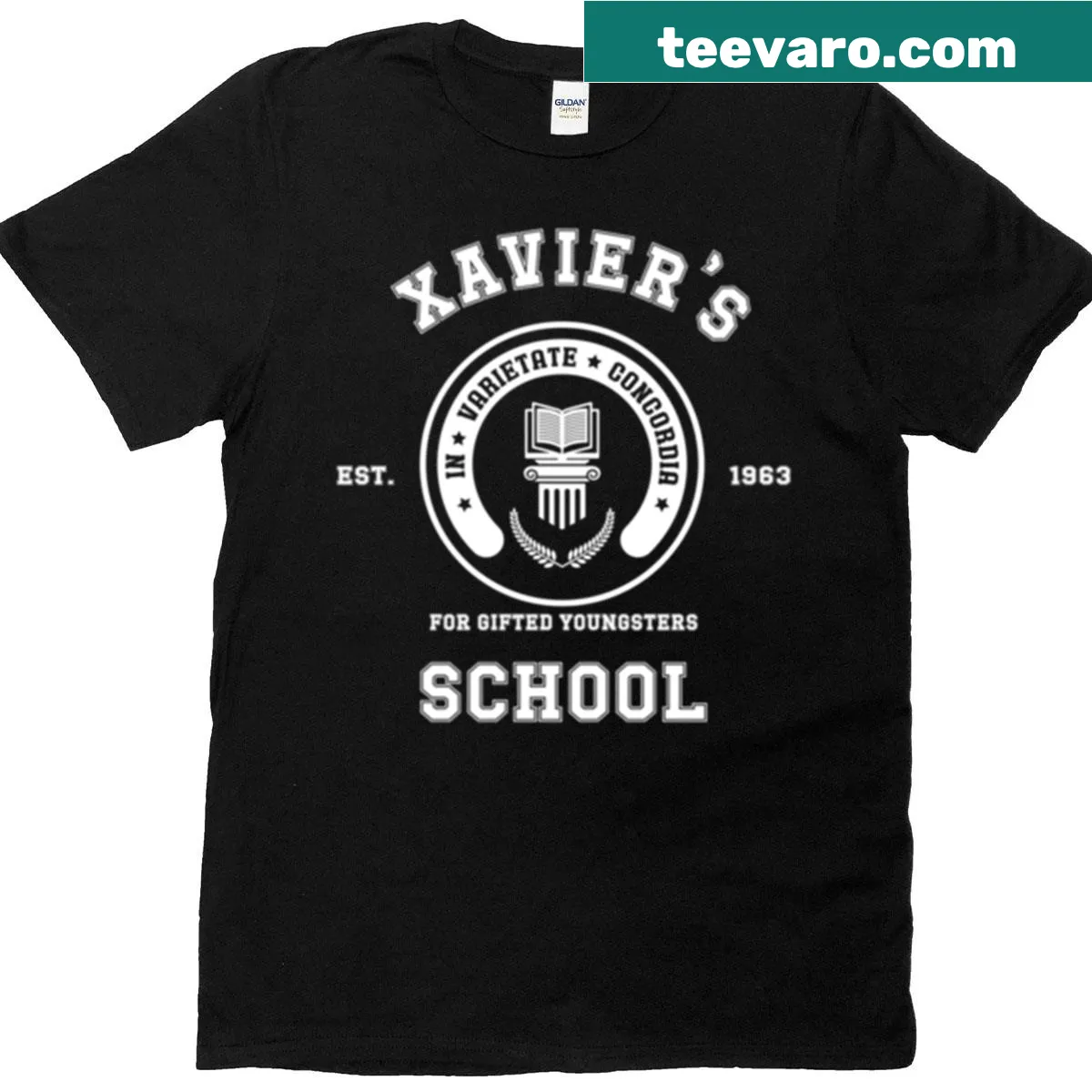 Distressed T-shirt featuring the logo of Xavier's School — on a men's t-shirt