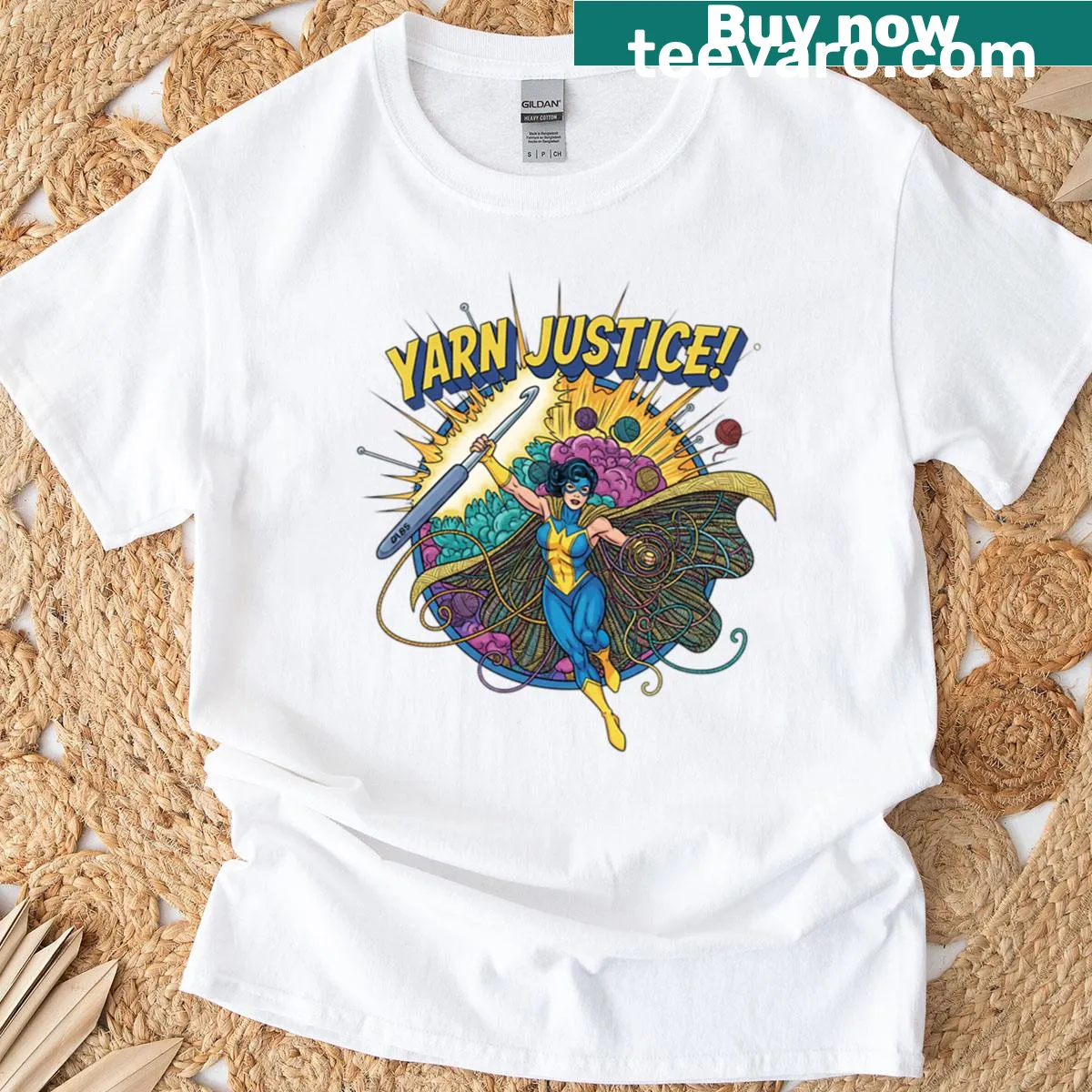 Superhero graphic celebrating yarn and crochet enthusiasts — on a men's t-shirt