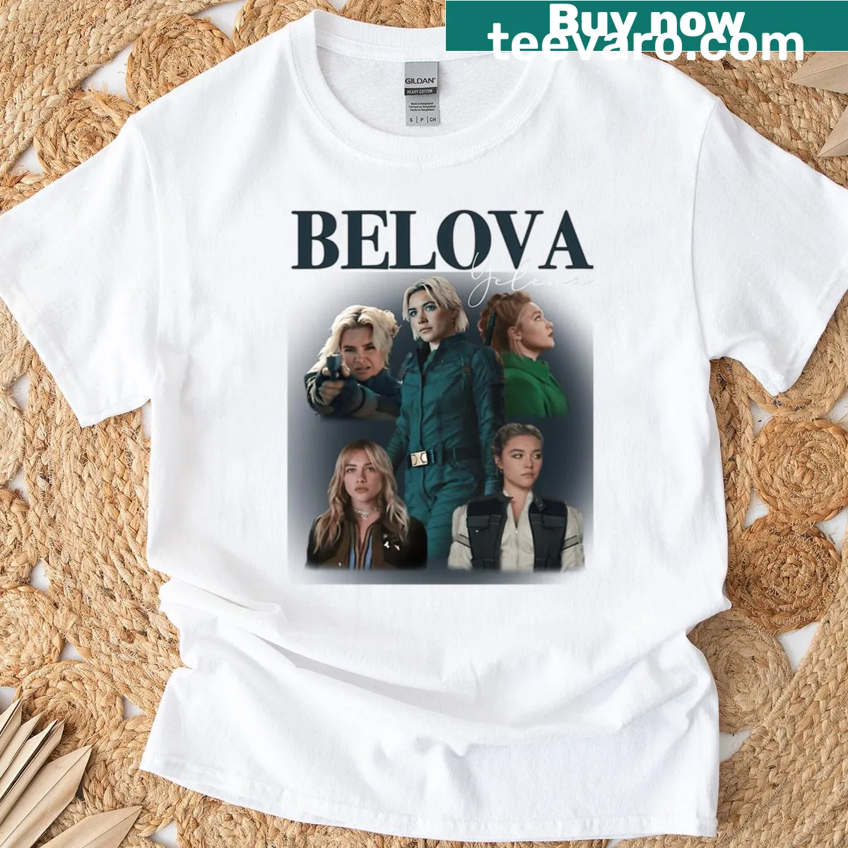 Baseball sleeve T-shirt featuring a Yelena Belova collage portrait — on a men's t-shirt