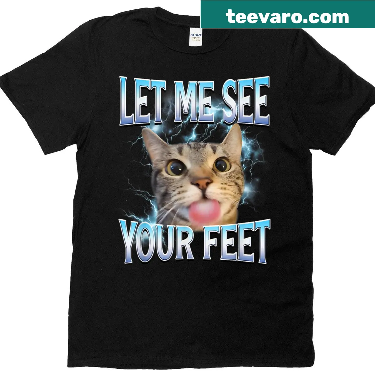 Funny cat meme tee with cheeky text about feet — on a men's t-shirt