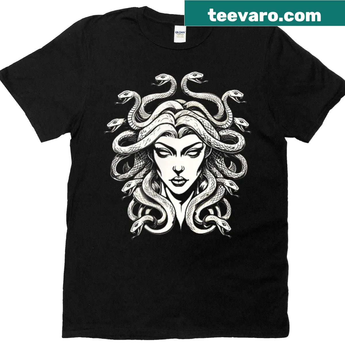 Illustration of Medusa with snake hair and edgy text about the female gaze — on a men's t-shirt