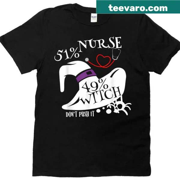 Funny Halloween T-shirt for nurses blending nursing and witchcraft humor.