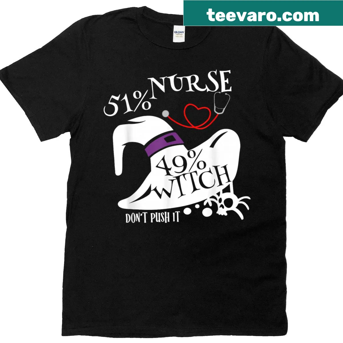 Funny Halloween T-shirt for nurses blending nursing and witchcraft humor. — on a men's t-shirt