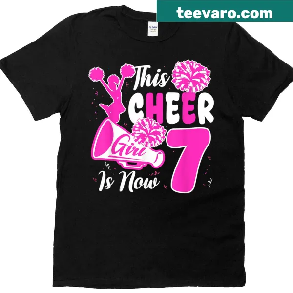 Cheerleader graphic on a T-shirt celebrating a girl's 7th birthday