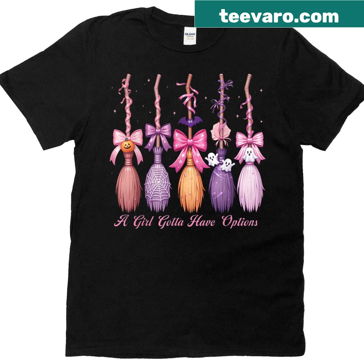 Playful T-shirt with graphics of various witch brooms. — on a men's t-shirt