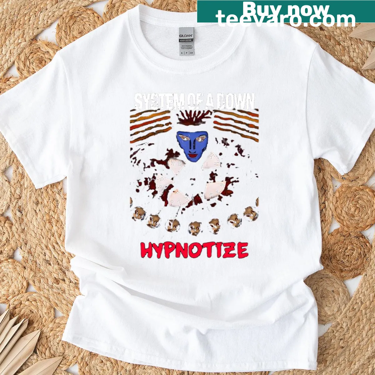 Minimalist hypnotic mask graphic t-shirt — on a men's t-shirt