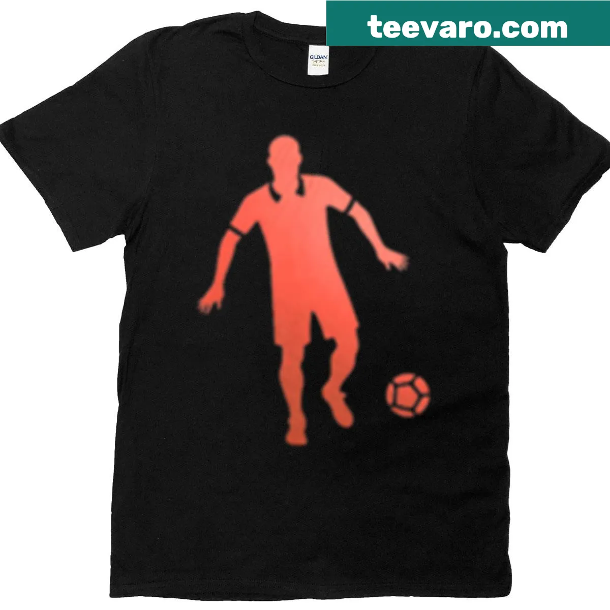 Illustrative T-shirt featuring a soccer player dribbling a football — on a men's t-shirt
