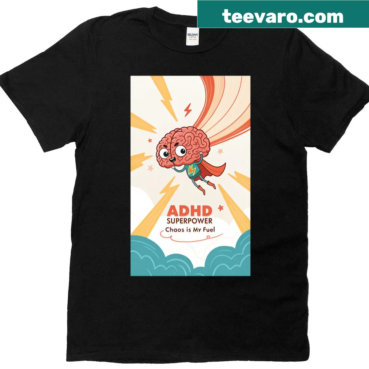Text design saying 'Chaos Is My Fuel' for ADHD — on a men's t-shirt