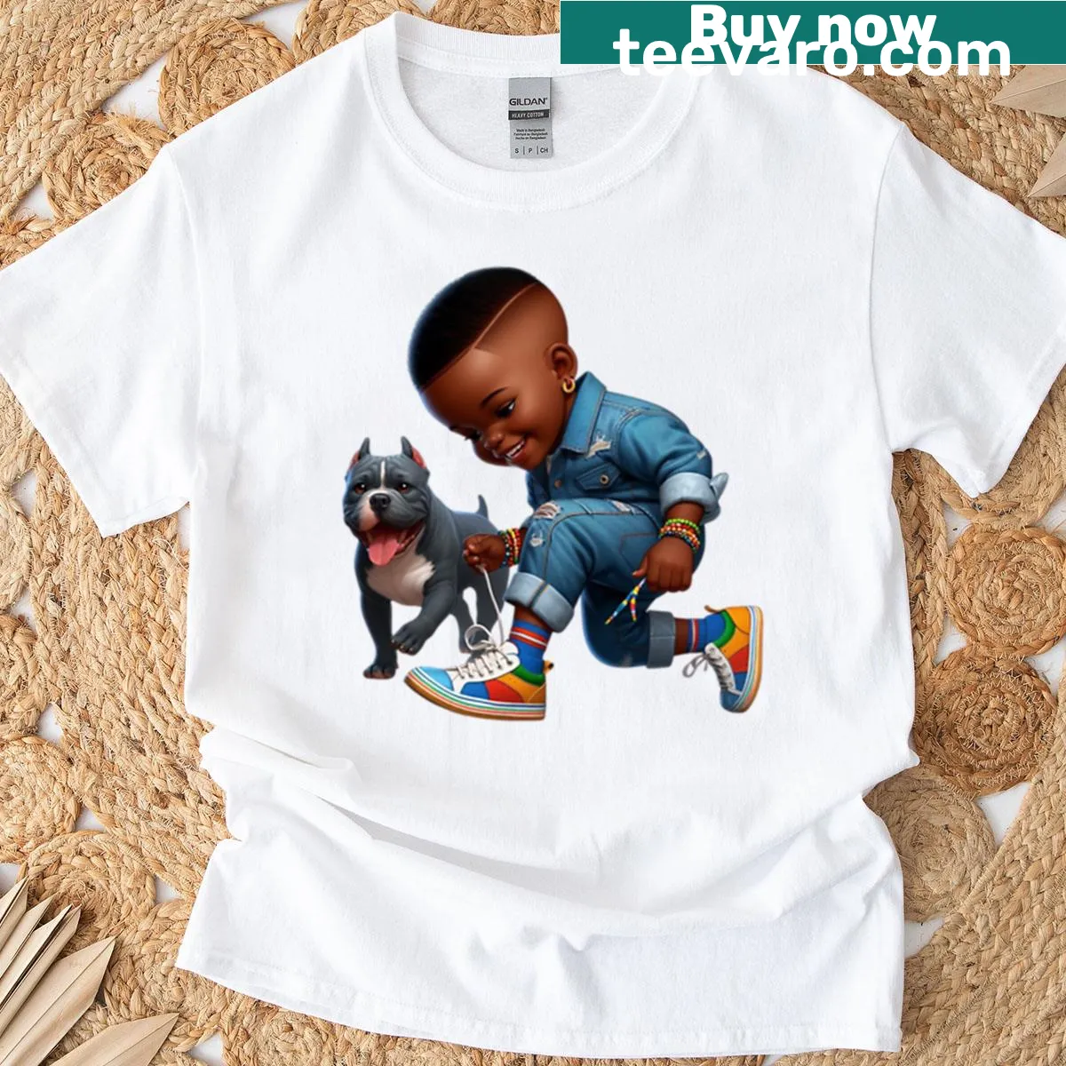Cartoon T-shirt featuring a Black child with a dog — on a men's t-shirt