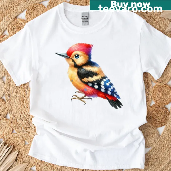 Cute T-shirt featuring an illustration of a woodpecker