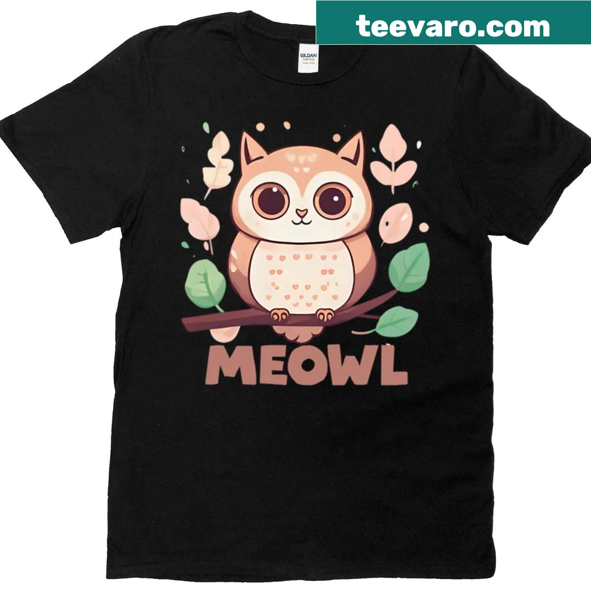 Graphic design featuring cat and owl meme 'Meowl' — on a men's t-shirt