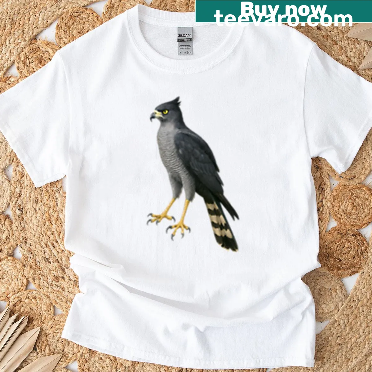 Illustration of an African Harrier Hawk in a savanna setting on a t-shirt — on a men's t-shirt
