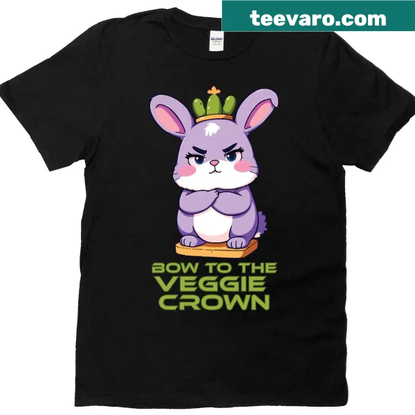 Cartoon of an angry bunny with a pickle crown on a t-shirt