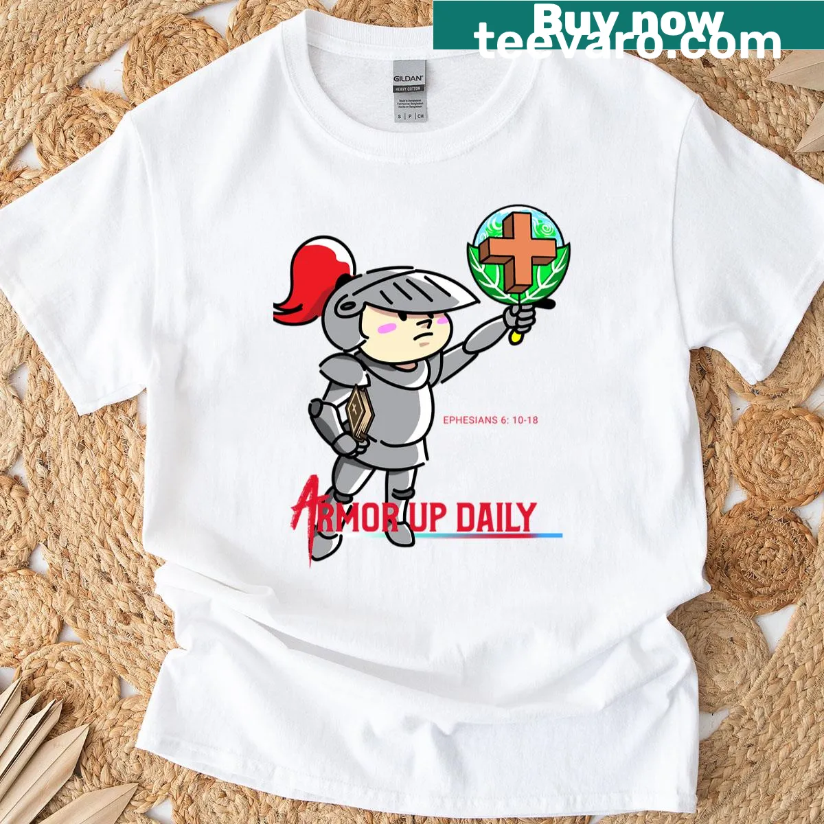 Inspirational t-shirt with the message Armor Up Daily from Ephesians. — on a men's t-shirt