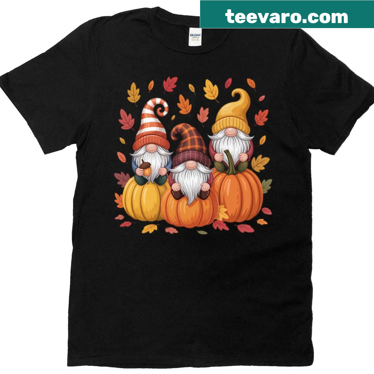 Thanksgiving t-shirt with autumn gnomes design — on a men's t-shirt