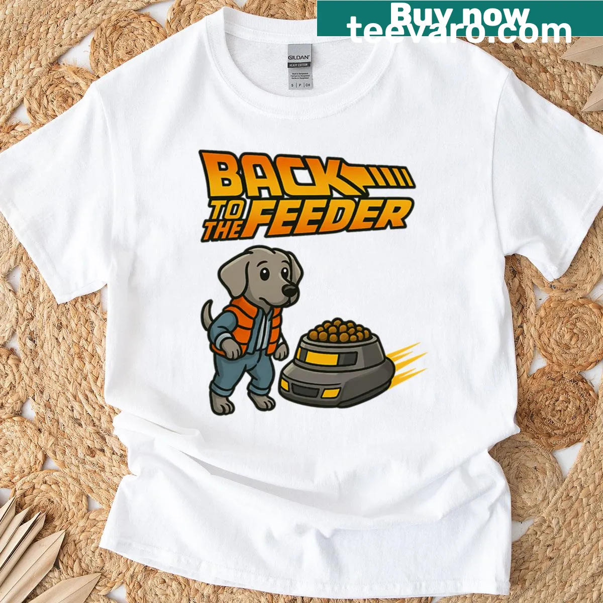 Humorous dog-themed design on Back To The Feeder t-shirt — on a men's t-shirt