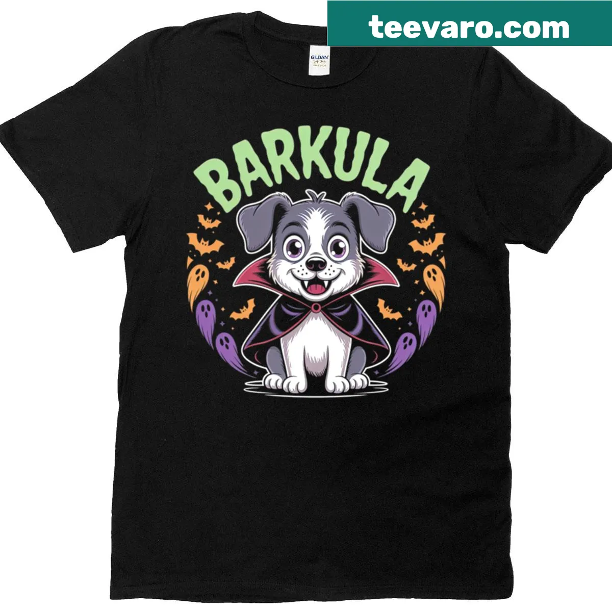 Cartoon vampire dog t-shirt with fangs and cape for Halloween — on a men's t-shirt