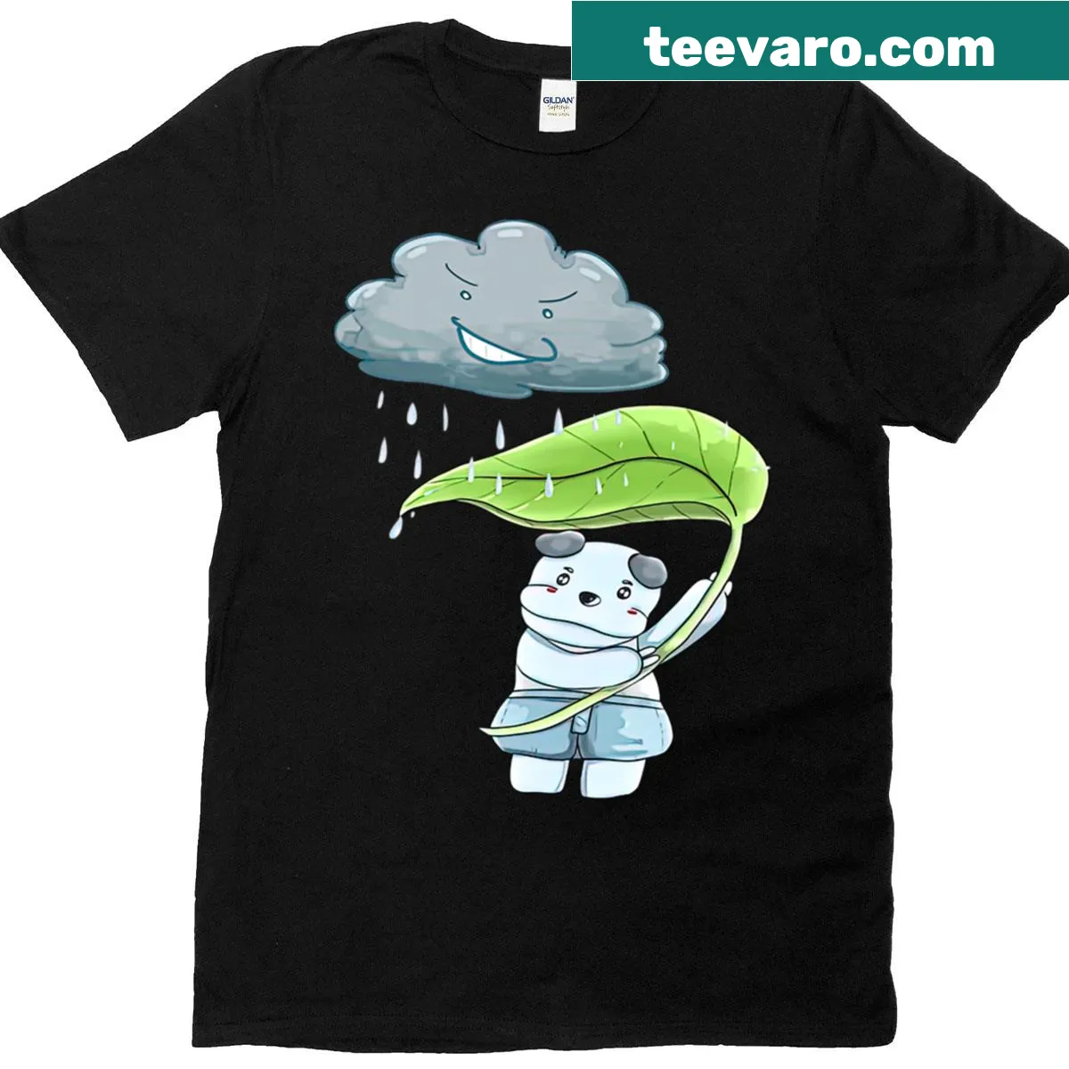 T-shirt featuring a bear holding a leaf umbrella in a playful design — on a men's t-shirt