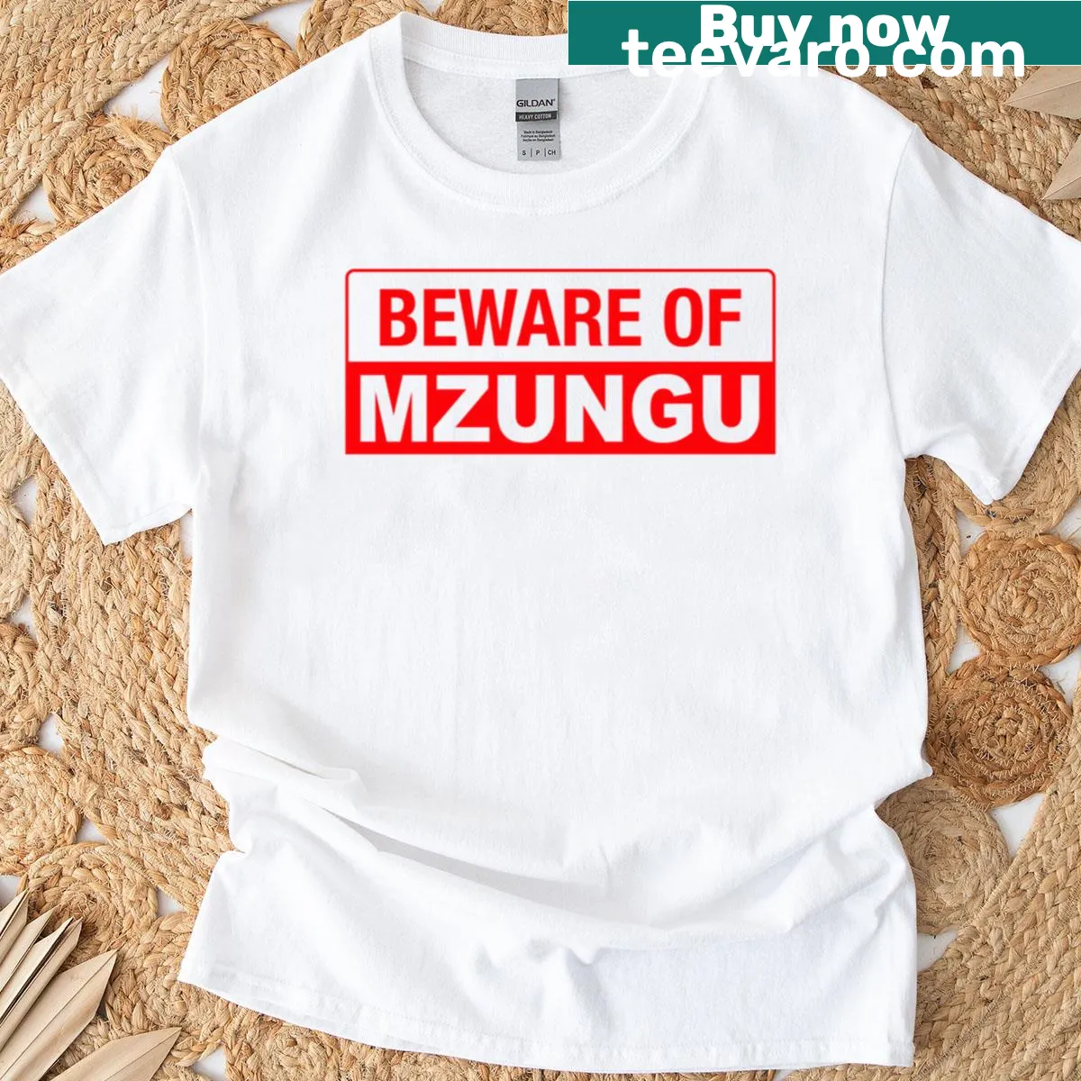 Humorous typographic design featuring 'Beware Of Mzungu' on a t-shirt — on a men's t-shirt