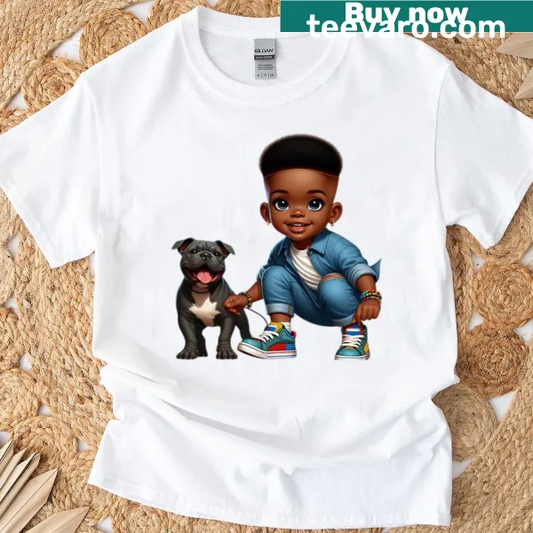 Cartoon illustration of a black boy and dog sharing a moment