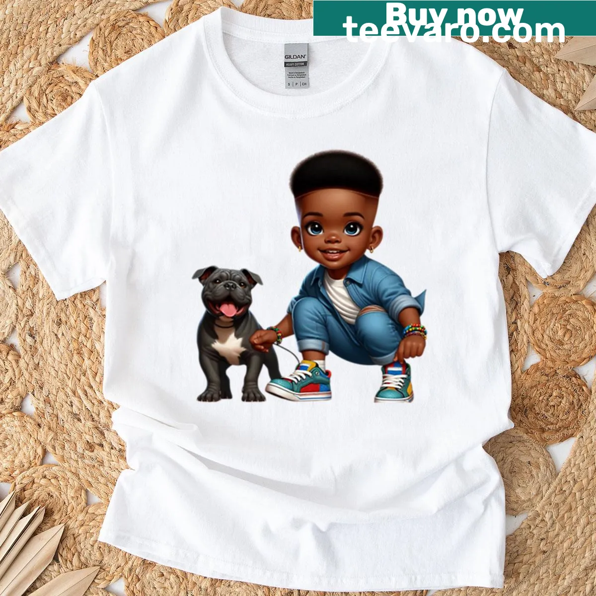 Cartoon illustration of a black boy and dog sharing a moment — on a men's t-shirt