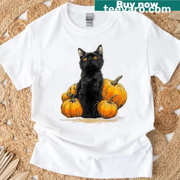 Funny Black Cat Halloween t-shirt with cute pumpkin design