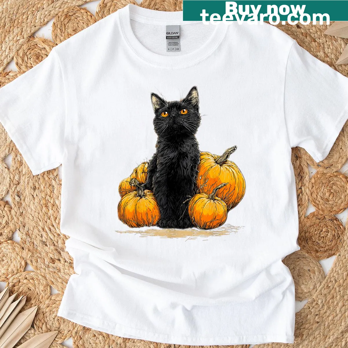 Funny Black Cat Halloween t-shirt with cute pumpkin design — on a men's t-shirt