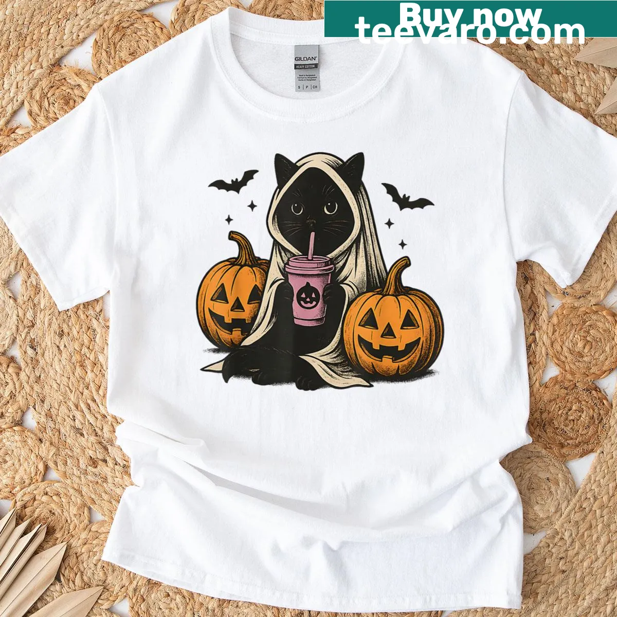 Playful black cat and ghost design on Halloween t-shirt — on a men's t-shirt