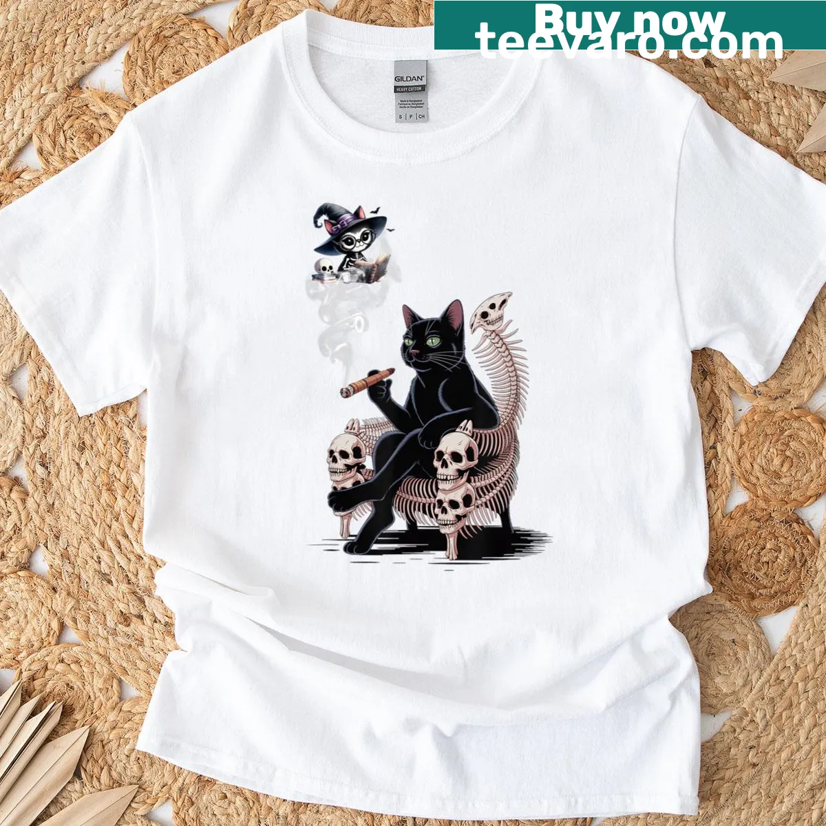 Illustration of a black cat with a cigarette reading a book for Halloween — on a men's t-shirt