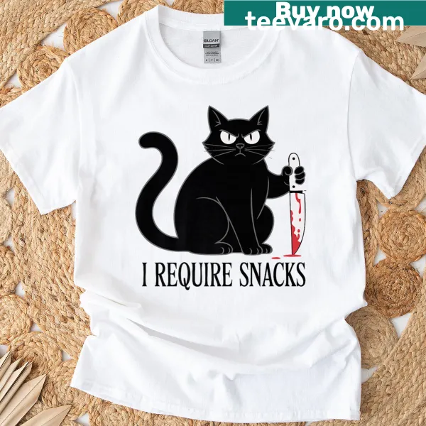 Playful black cat graphic on I Require Snacks Halloween t-shirt